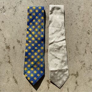 (2) Kenzo homme designer floral blue beige ties 57” silk made in Italy